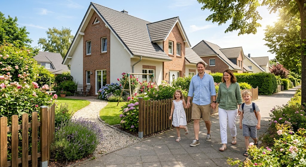 familie-einfamilienhaus-koenigs-wusterhausen Familie vor Einfamilienhaus mit Garten in Königs Wusterhausen