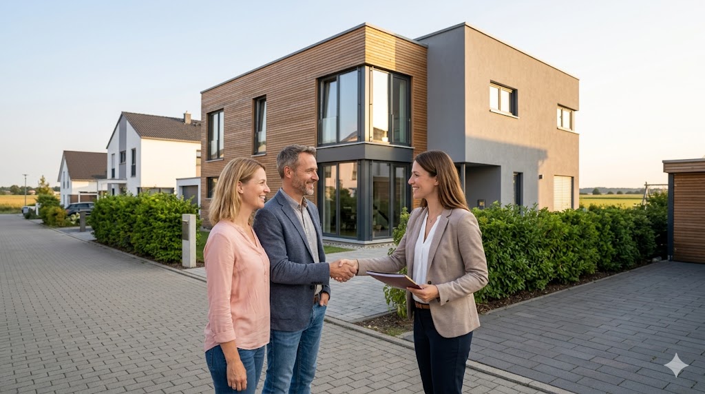 immobilienmakler-beratung-hauskauf-brandenburg Immobilienmakler berät Käuferpaar vor Haus in Brandenburg