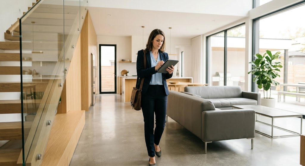 Immobilienmakler bei professioneller Besichtigung und Bewertung vor Ort in Brandenburg