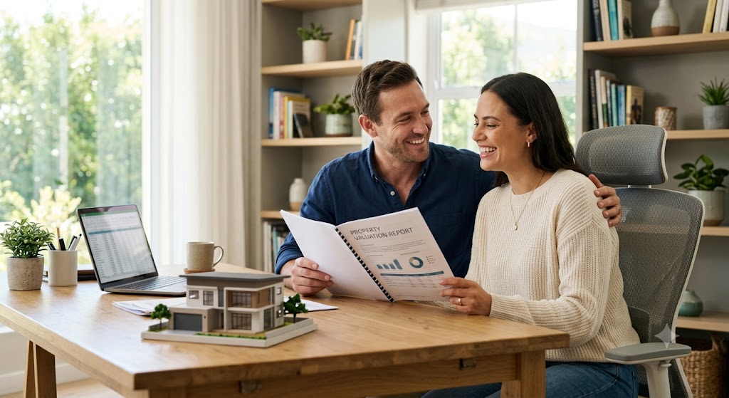 Eigentümer prüfen schriftlichen Immobilienbewertungsbericht nach kostenloser Bewertung