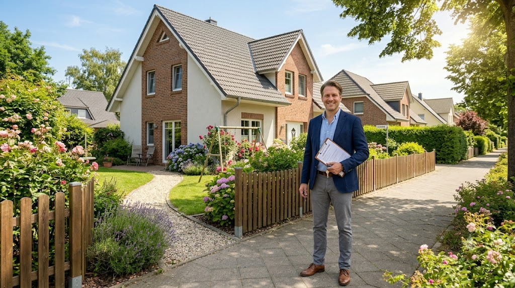 Professioneller Immobilienmakler bei kostenloser Immobilienbewertung vor Haus in Brandenburg